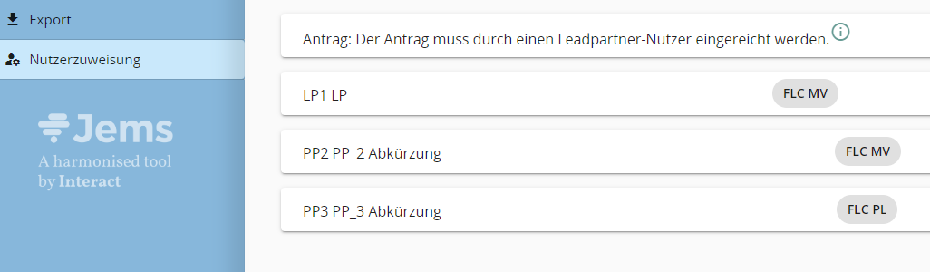 FLC Nutzerzuweisung Ansicht Projektpartner